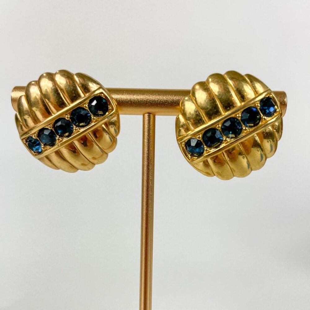 Vintage Swarovski SAL Gold Tone Blue Rhinestones Round Pierced studded Earrings